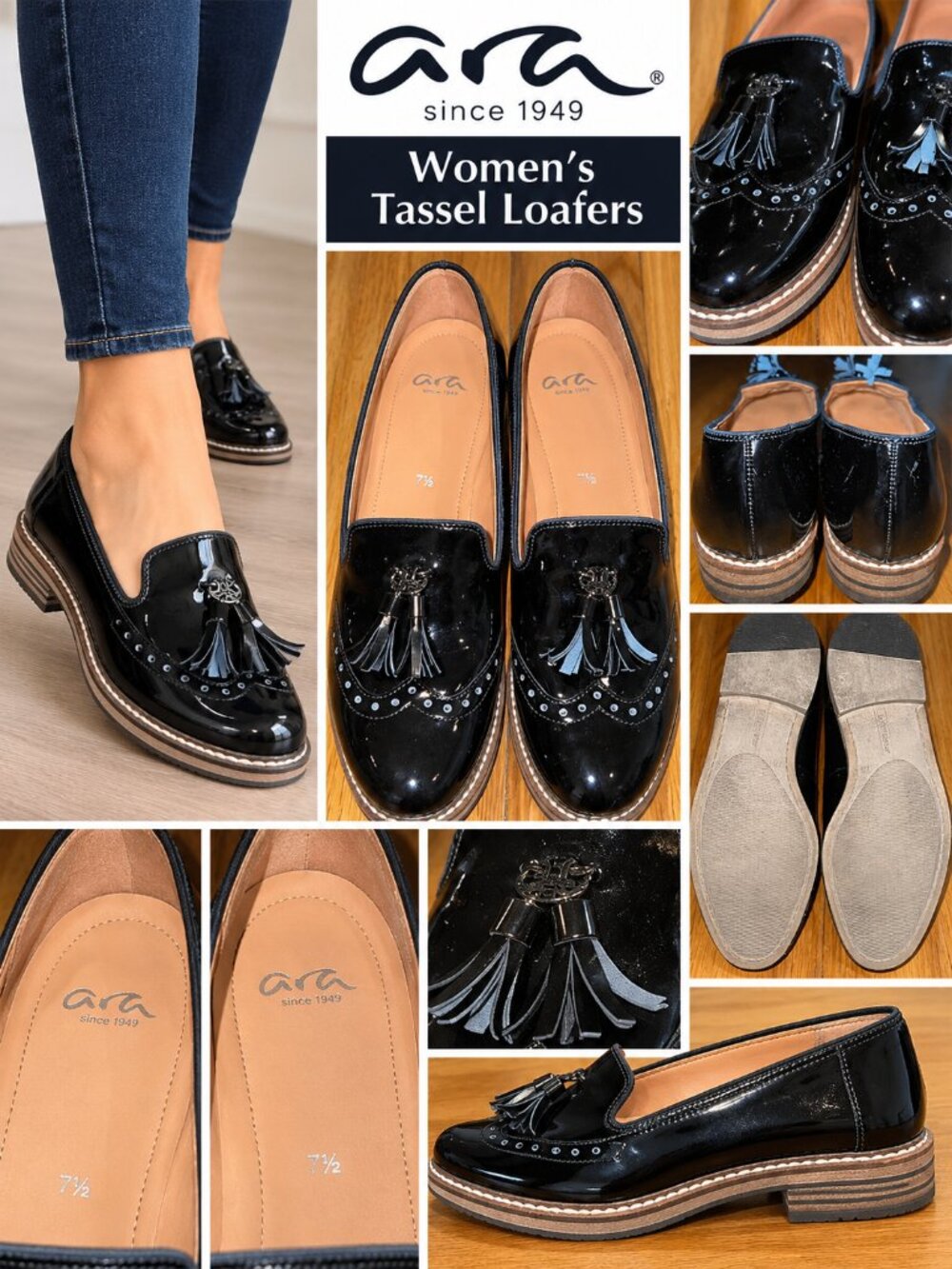 Ara Women’s Black Patent Leather Tassel Loafers Size 7.5 Brogue Oxford Shoes